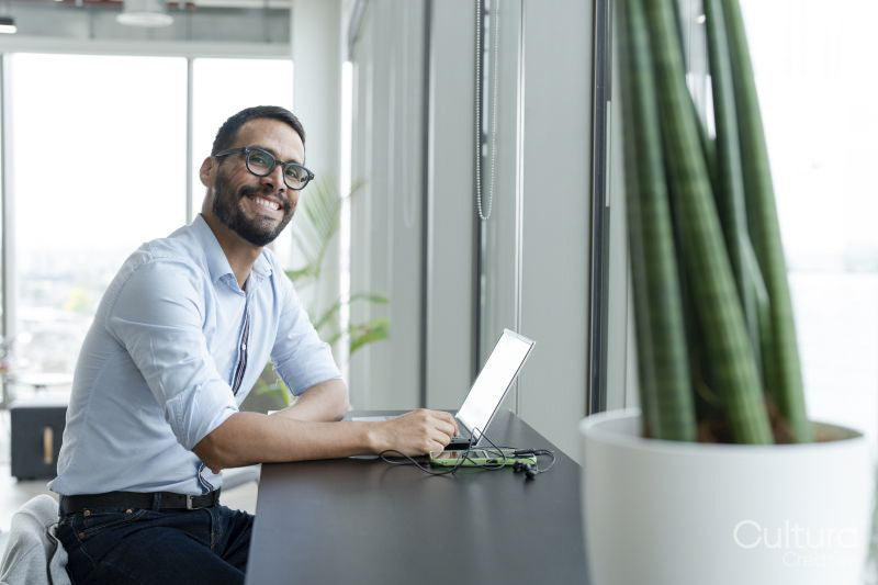 Businessman with laptop working in modern office