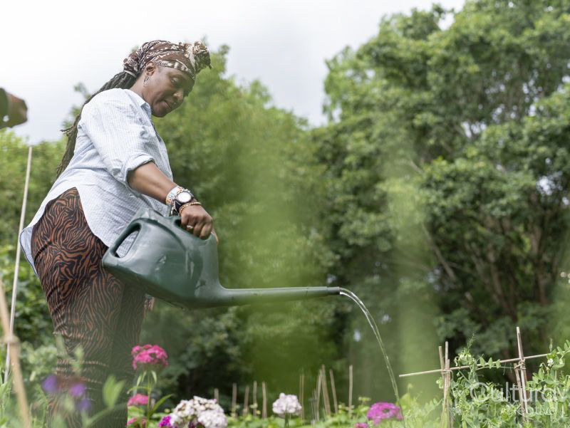Mature woman watering plants in garden