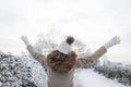Rear view of woman with arms raised in winter landscape