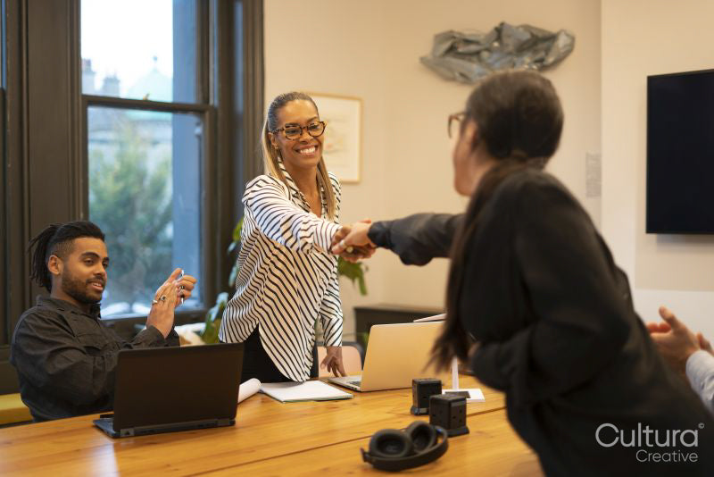 Businesswomen shaking hands during meeting