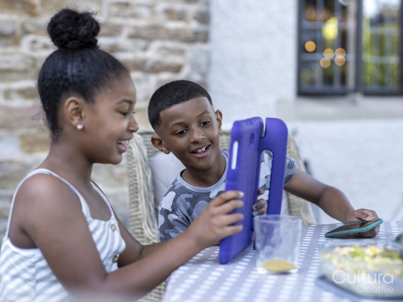 Siblings using digital tablet