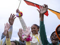 Group of teenage friends having fun at festival