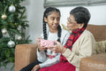 Smiling girl with grandmother holding Christmas gift