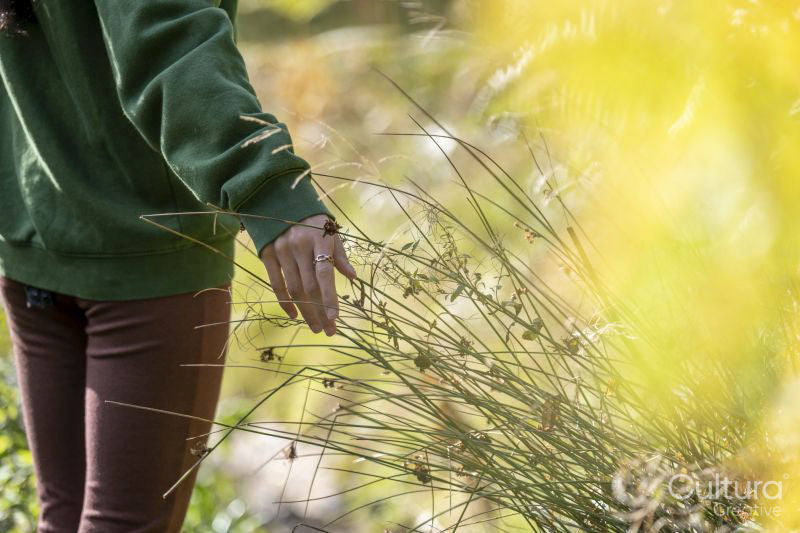Mid-section of woman touching grass in meadow