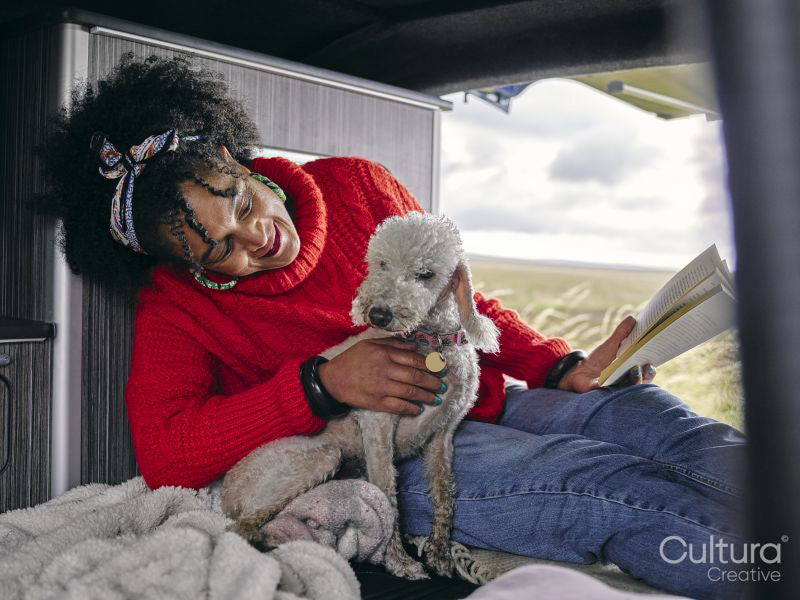 Woman sitting in back of van and playing with dog