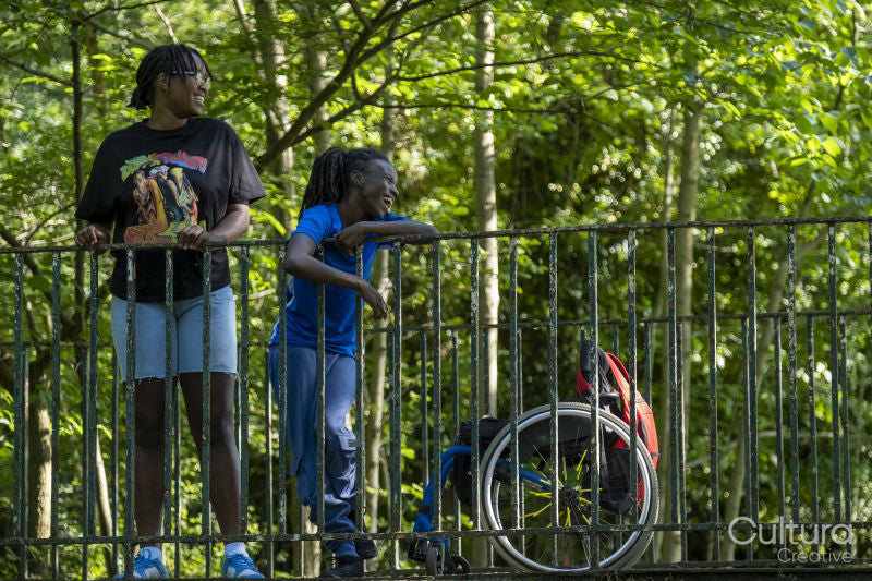 Teenage girl in wheelchair with friend standing on bridge in park