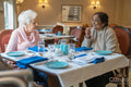 Two senior ladies talking and dining at cafeteria in nursing home