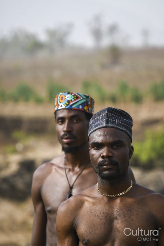 Portrait of two young shirtless men