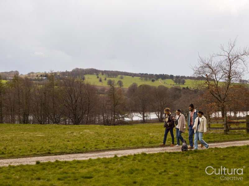 Group of young friends with dog in countryside