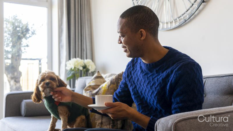 Man with dog sitting on sofa