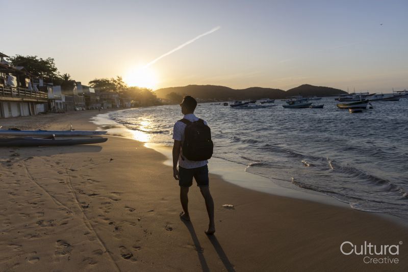 Rear view of man with backpack on beach at sunset