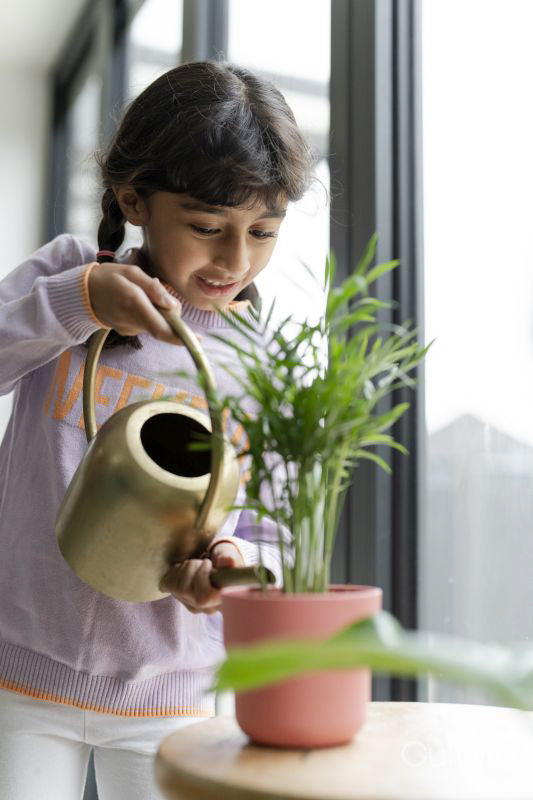 Little girl watering plant at home