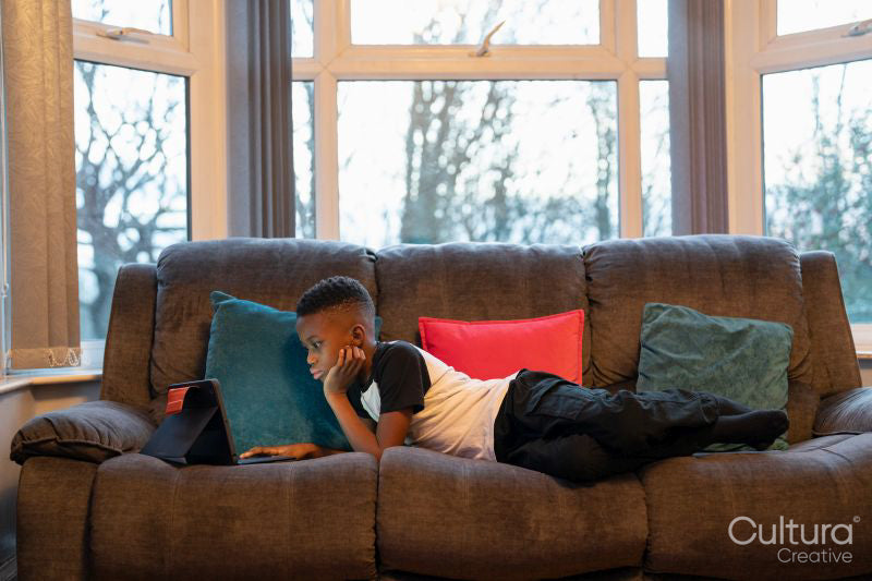 Boy with laptop lying on sofa