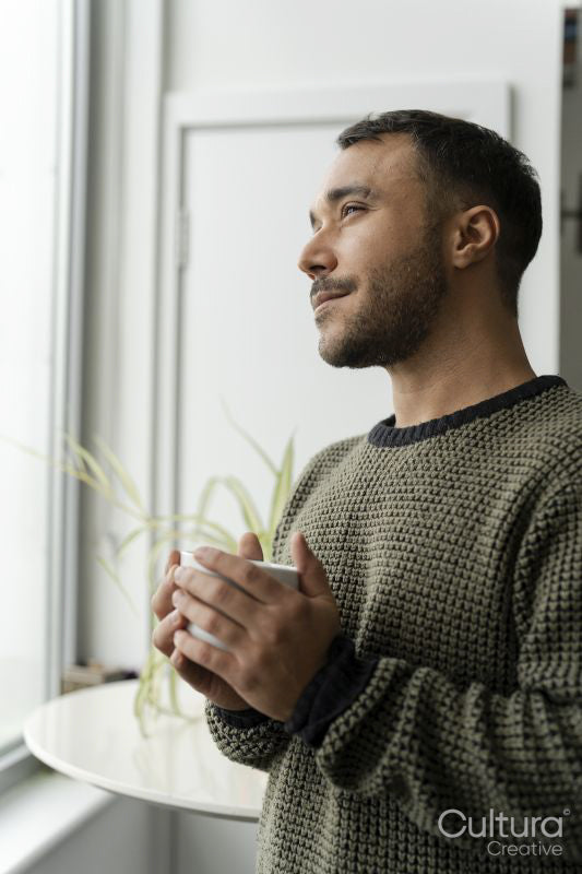 Mature man standing by window with cup of tea