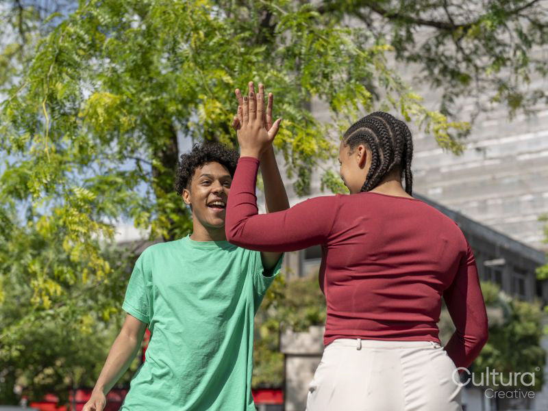 Two friends giving high-five on sunny day