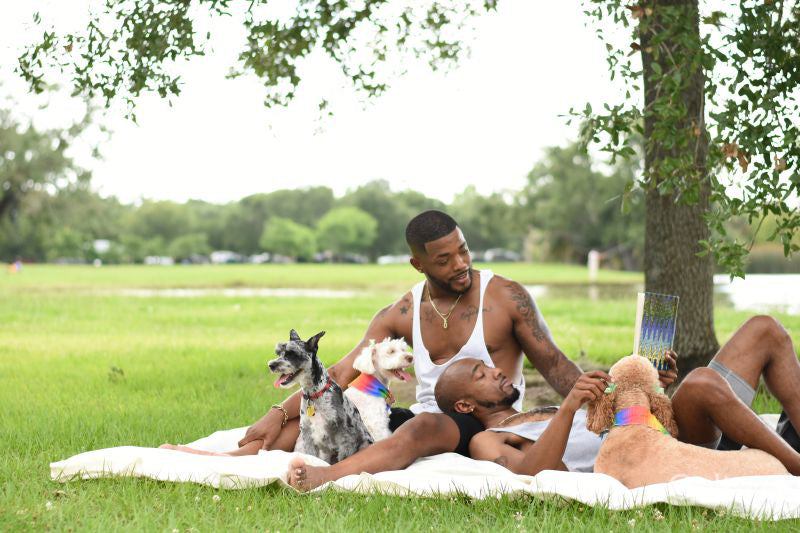 Louisiana, couple with dogs relaxing on lawn in park