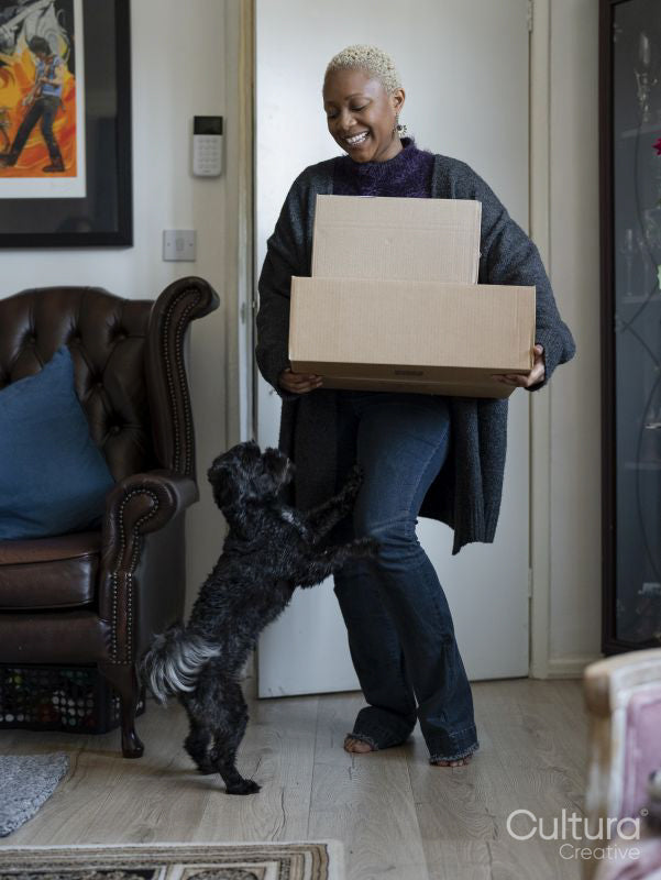Woman carrying cardboard boxes with dog food