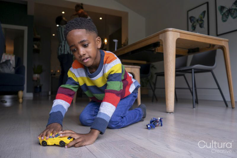 Boy playing on living room floor