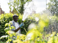 Smiling mature man watering plants in garden