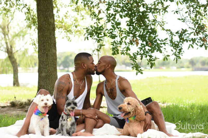 Louisiana, couple with dogs kissing on lawn in park