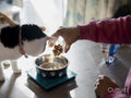 Woman weighing cat food in kitchen