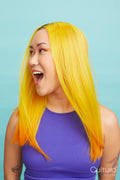 Young woman with long yellow hair and open mouth, looking away