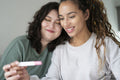 Two women checking pregnancy test