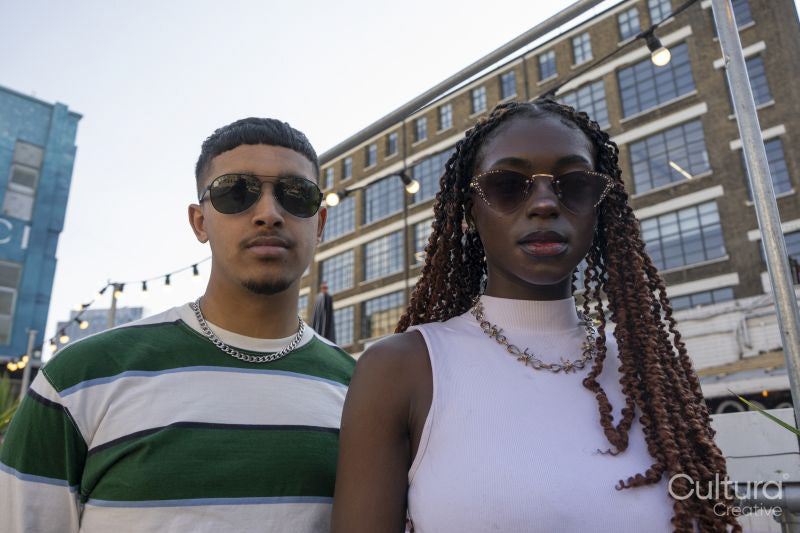 Fashionable young people wearing sunglasses,looking at camera