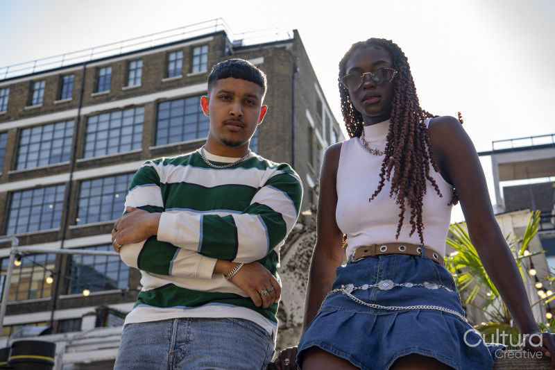 Fashionable young friends in city