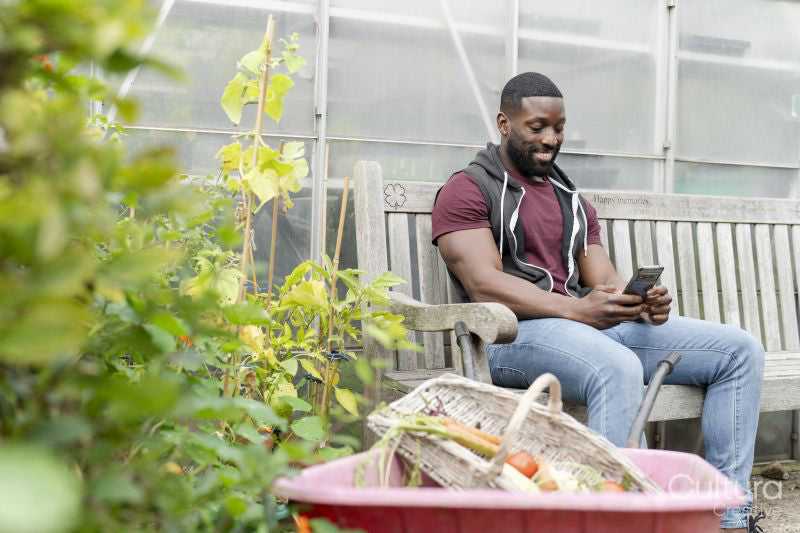 Man with smart phone sitting on bench in allotment